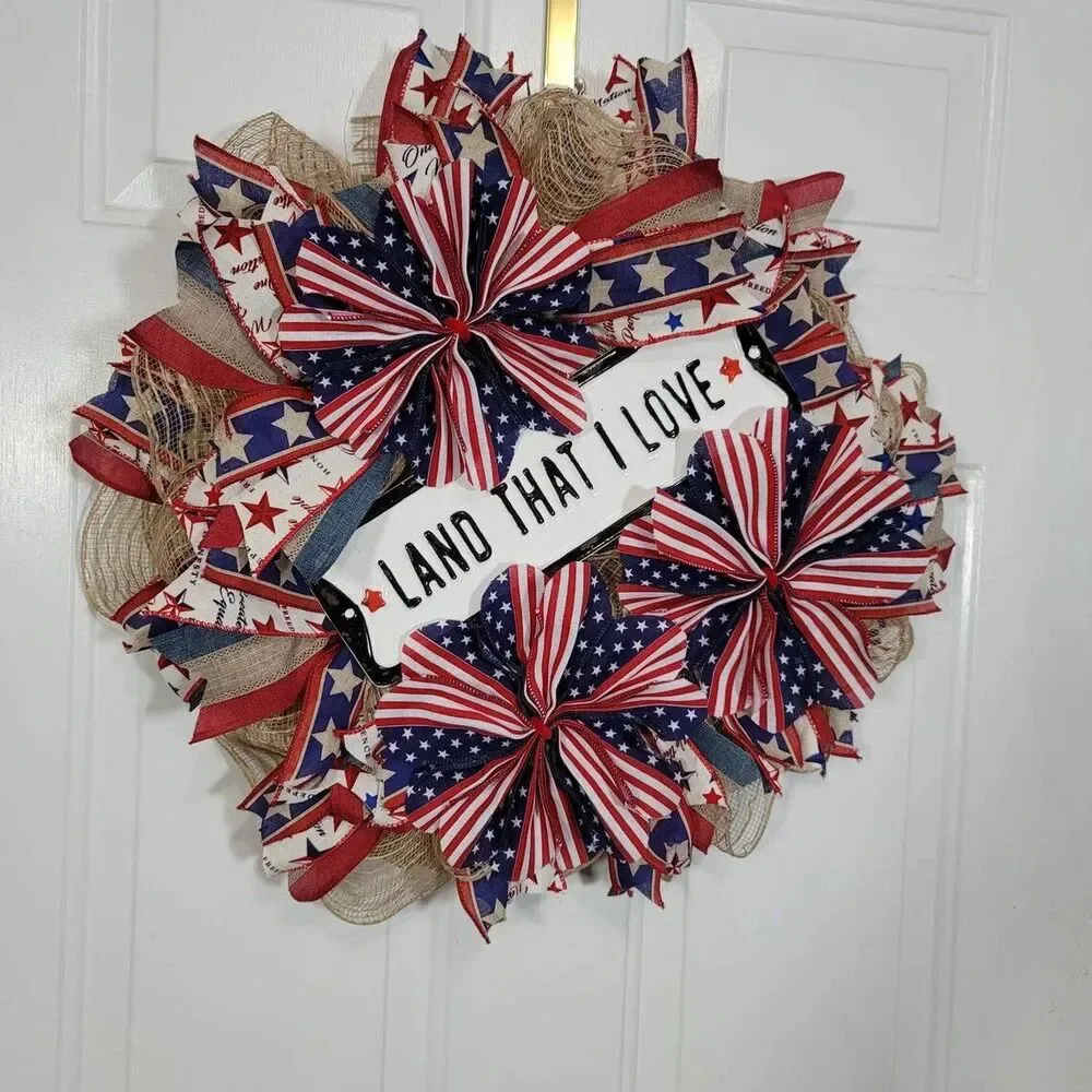 Patriotic Land That I Love Wreath, Pancake Wreath, 4th of July Front Door Wreath